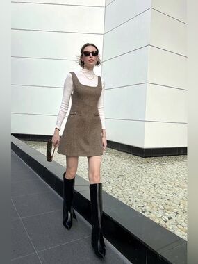 GOELIA Retro Washable Woolen Tank Dress 100% Wool herringbone tweed